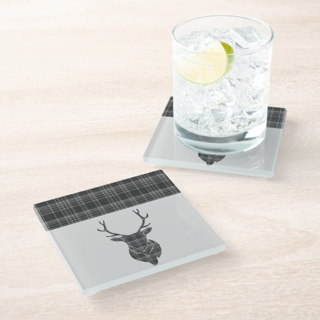 Grey Tartan Pattern Stag Glass Coaster (Angled)