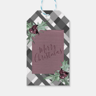 Grey Tartan Purple Floral Merry Christmas Gift Tags