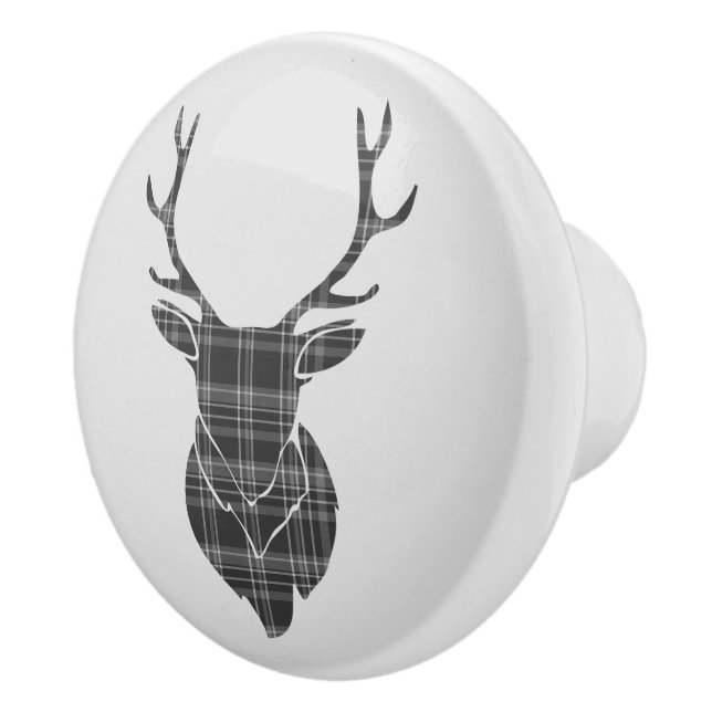 Grey Tartan Stag Head Antler Rustic Ceramic Knob (Right)