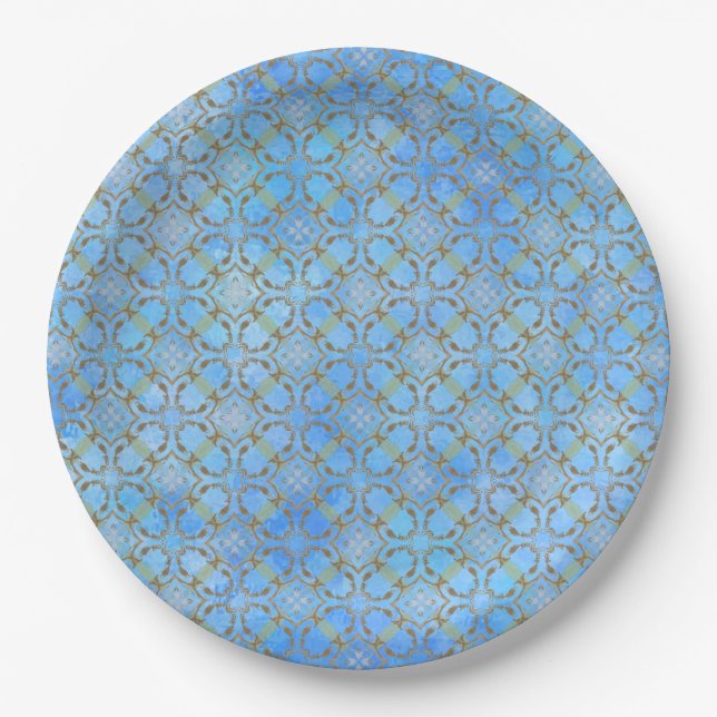 Grey, Taupe, Blue, Green Scrolled Diamond Pattern Paper Plate (Front)