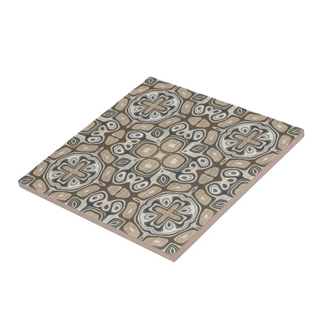 Grey Taupe Ochre Brown Beige Ethnic Tribe Art Tile (Side)
