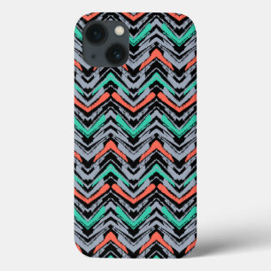 Grey, Teal, And Coral Hand Drawn Chevron Pattern iPhone 13 Case