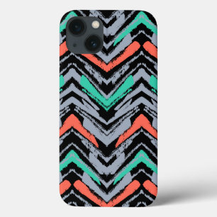 Grey, Teal, And Coral Hand Drawn Chevron Pattern iPhone 13 Case