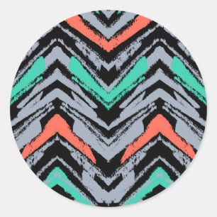Grey, Teal, And Coral Hand Drawn Chevron Pattern Classic Round Sticker