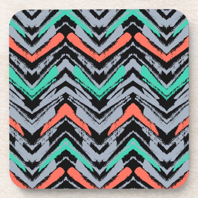 Grey, Teal, And Coral Hand Drawn Chevron Pattern Coaster (Front)