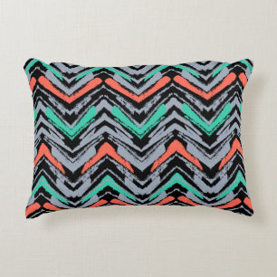 Grey, Teal, And Coral Hand Drawn Chevron Pattern Decorative Cushion