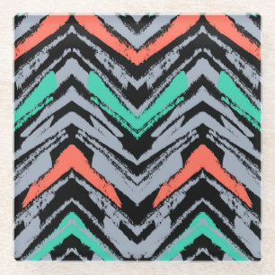 Grey, Teal, And Coral Hand Drawn Chevron Pattern Glass Coaster
