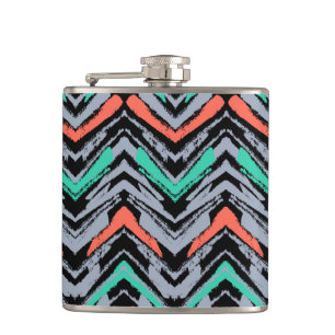 Grey, Teal, And Coral Hand Drawn Chevron Pattern Hip Flask