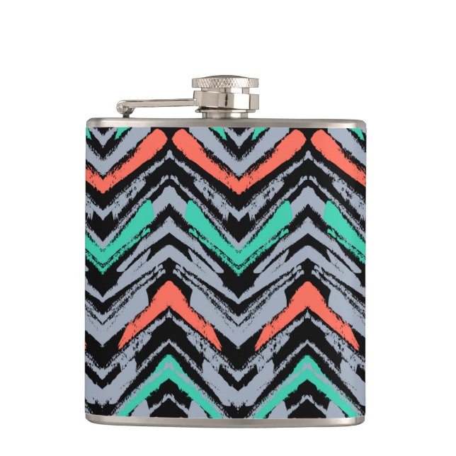Grey, Teal, And Coral Hand Drawn Chevron Pattern Hip Flask (Front)