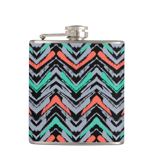 Grey, Teal, And Coral Hand Drawn Chevron Pattern Hip Flask (Front)