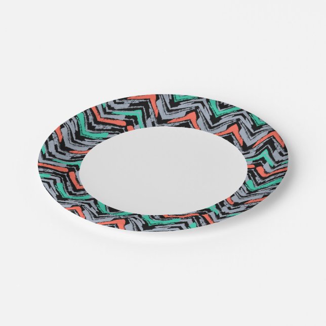 Grey, Teal, And Coral Hand Drawn Chevron Pattern Paper Plate (Angled)
