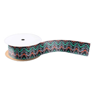 Grey, Teal, And Coral Hand Drawn Chevron Pattern Satin Ribbon