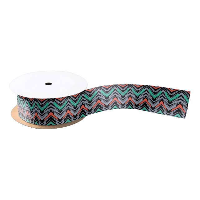 Grey, Teal, And Coral Hand Drawn Chevron Pattern Satin Ribbon (Spool)