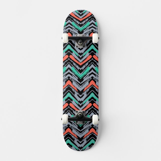 Grey, Teal, And Coral Hand Drawn Chevron Pattern Skateboard (Front)