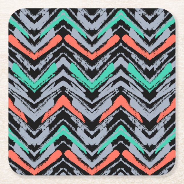 Grey, Teal, And Coral Hand Drawn Chevron Pattern Square Paper Coaster (Front)
