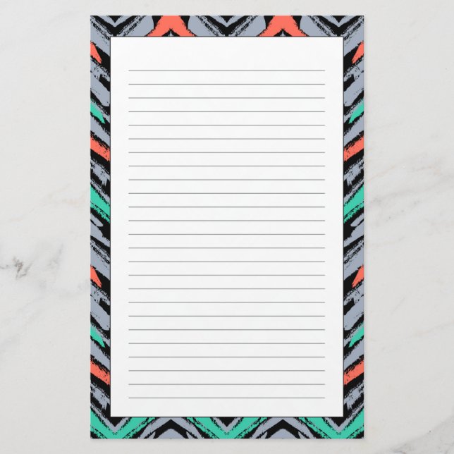 Grey, Teal, And Coral Hand Drawn Chevron Pattern Stationery (Front)