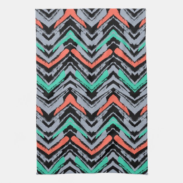 Grey, Teal, And Coral Hand Drawn Chevron Pattern Tea Towel (Vertical)