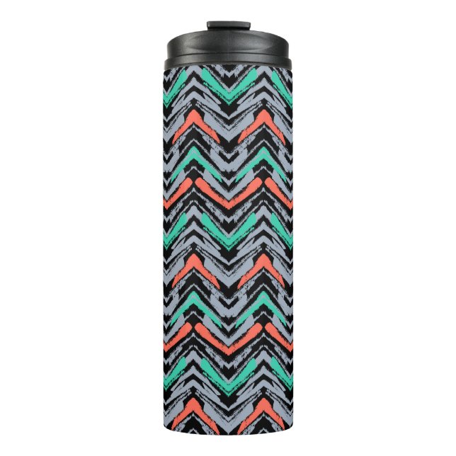 Grey, Teal, And Coral Hand Drawn Chevron Pattern Thermal Tumbler (Front)