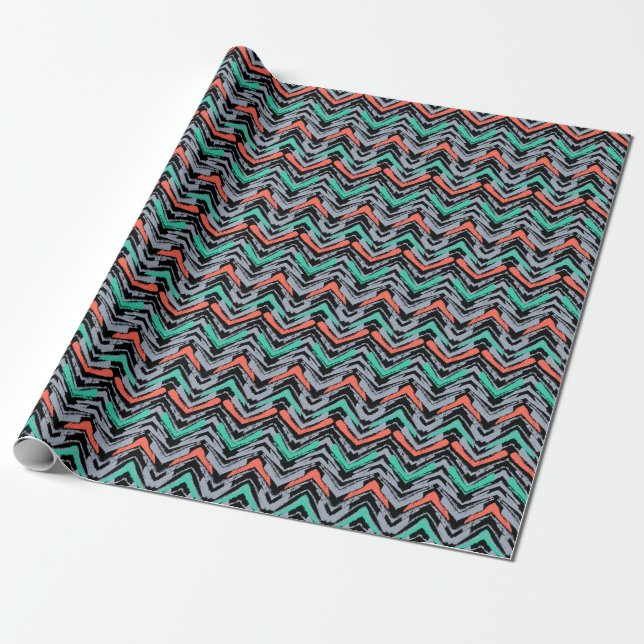 Grey, Teal, And Coral Hand Drawn Chevron Pattern Wrapping Paper (Unrolled)