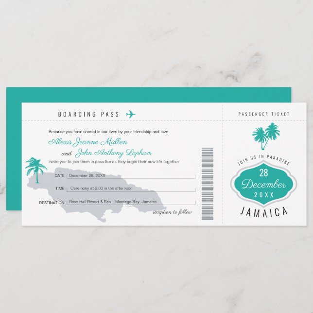Grey Teal Boarding Pass to Jamaica Wedding Invitation (Front/Back)