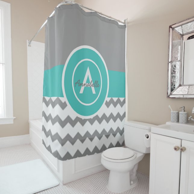 Grey Teal Chevron Shower Curtain (In Situ)