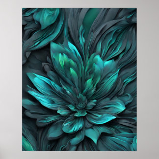 GREY TEAL FLOWER ART POSTER