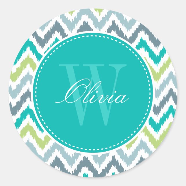 Grey Teal Green Zigzag Ikat Pattern Monogram Classic Round Sticker (Front)