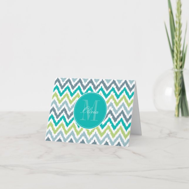 Grey Teal Green Zigzag Ikat Pattern Note Card (Front)