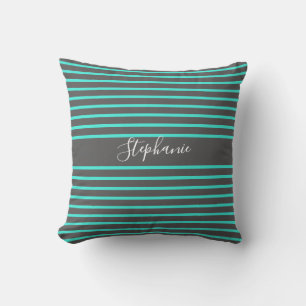 Grey Teal Stripes Patterns White Custom Name Cute Cushion