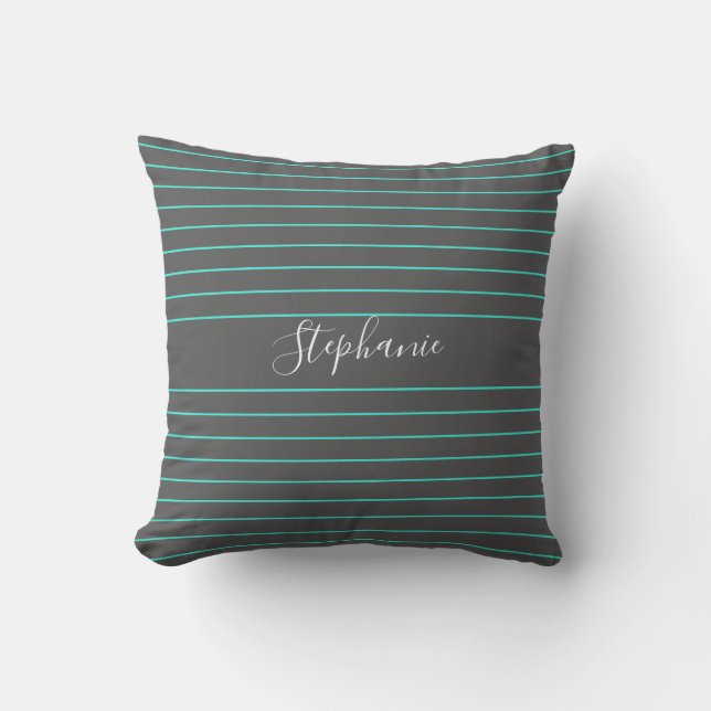 Grey Teal Thin Stripes Patterns White Custom Name Cushion (Front)