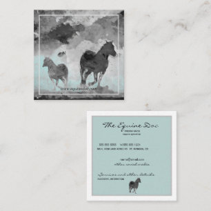 grey teal watercolor horses square business card