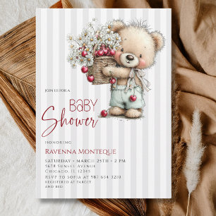 Grey Teddy Daisy Cherry Clean Baby Boy Baby Shower Invitation