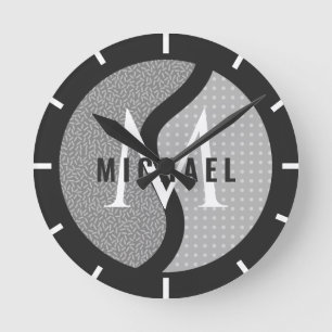 Grey Tennis Ball Initial & Name Boys Bedroom Black Round Clock