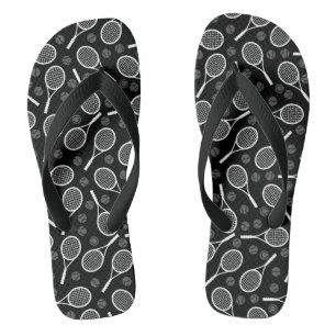 Grey Tennis Rackets and Balls Pattern Sporty Black Jandals