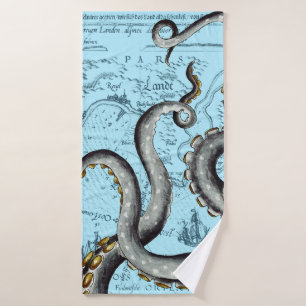 Grey Tentacles On Blue Vintage Map Bath Towel Set