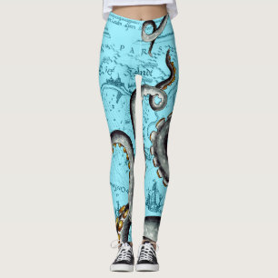 Grey Tentacles On Blue Vintage Map Leggings