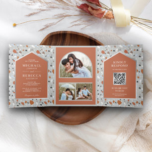 Grey Terrazzo Tile Terracotta Arch QR Code Wedding Tri-Fold Invitation