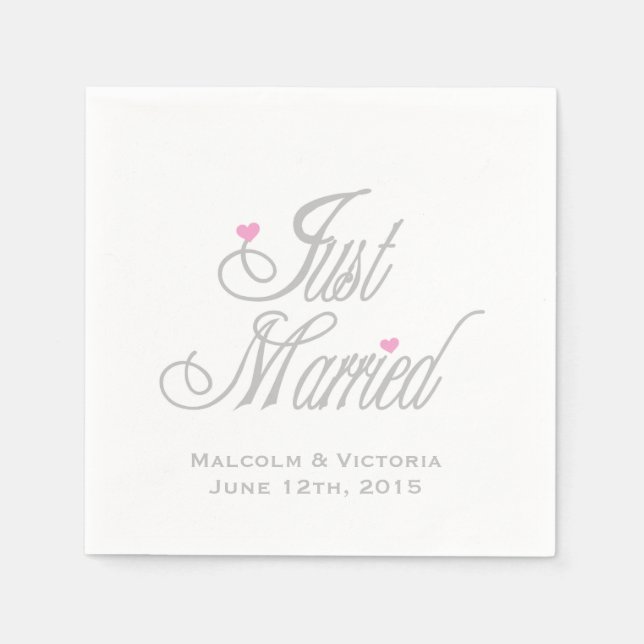 Grey Text Just Married Personalised Paper  Napkins (Front)