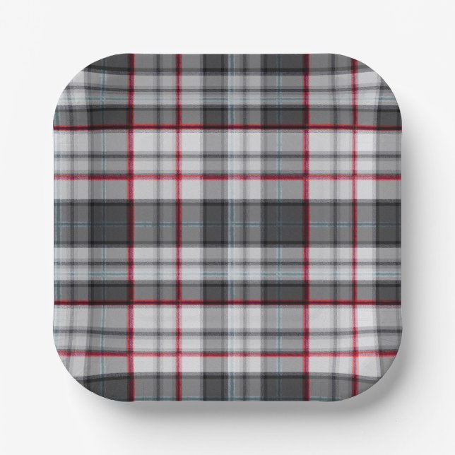 Grey textured tartan plaid  paper plate (Front)
