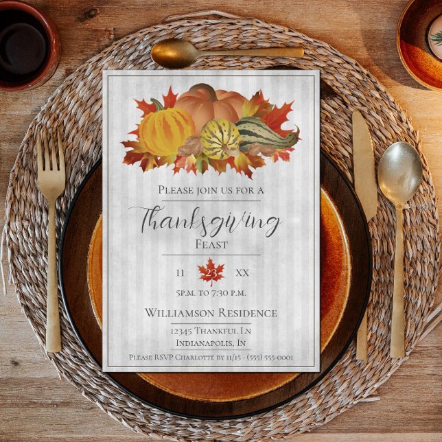 Grey Thanksgiving Pumpkins and Squash Dinner Invitation (Thanksgiving Pumpkins and Squash Dinner Party Invite - Gray)