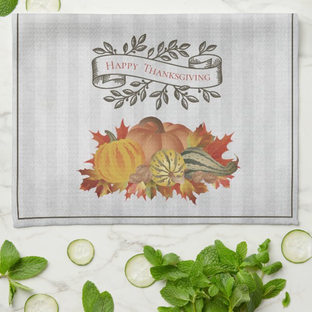 Grey Thanksgiving Pumpkins and Squash Tea Towel (Folded)