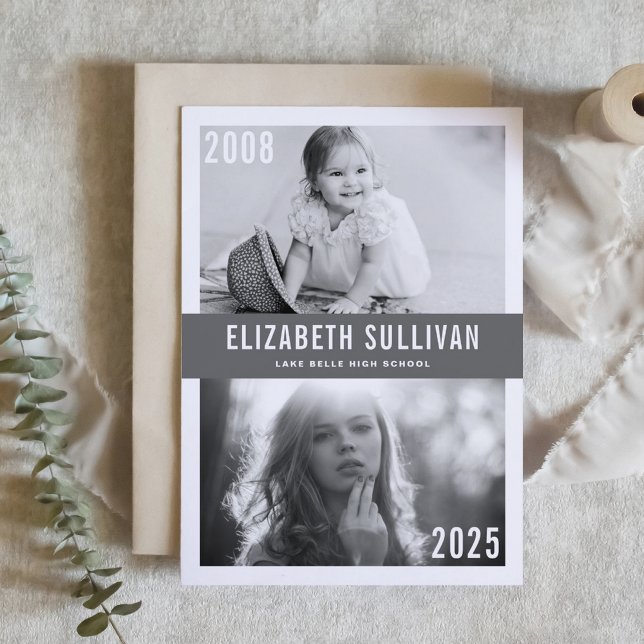 Grey Then and Now Photo Collage Graduation Invitation (Customizable then and now photo collage graduation invitation featuring modern lettering. )