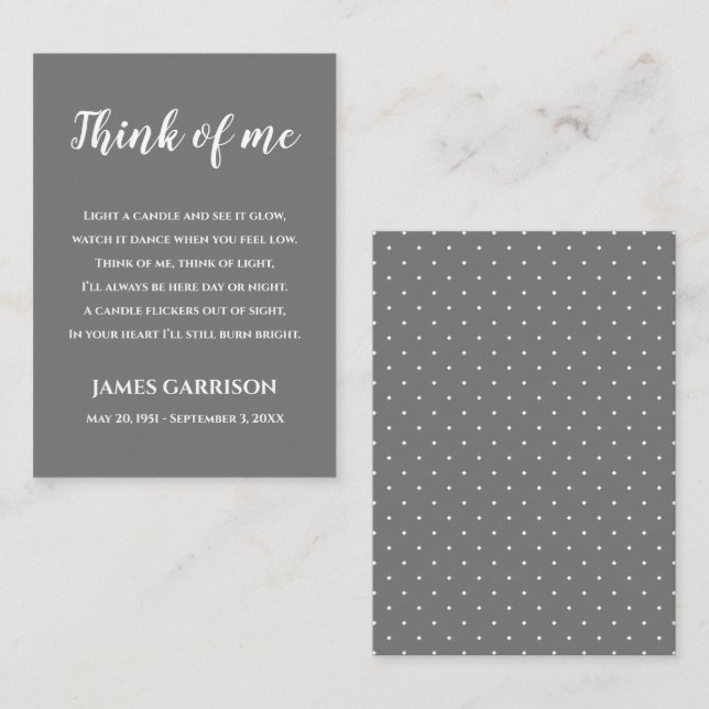 Grey Think Of Me Celebration of Life Candle Place Card (Front/Back)