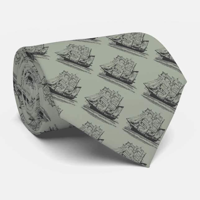 Grey Tie with Black Vintage Sailing Ship (Rolled)