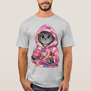 Grey tiger cat in upcycled quilt hoodie T-Shirt