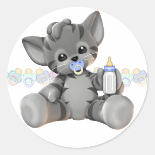 Grey Tiger Kitten Blue Baby Boy Classic Round Sticker