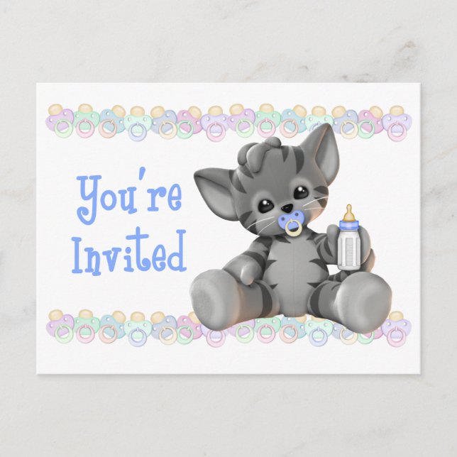 Grey Tiger Kitten Blue Baby Shower Invitation (Front)