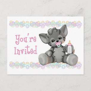 Grey Tiger Kitten Pink Baby Shower Invitation Postcard