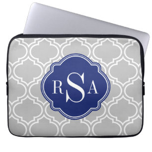 Grey Tile Lattice Pattern Blue Monogram Laptop Sleeve