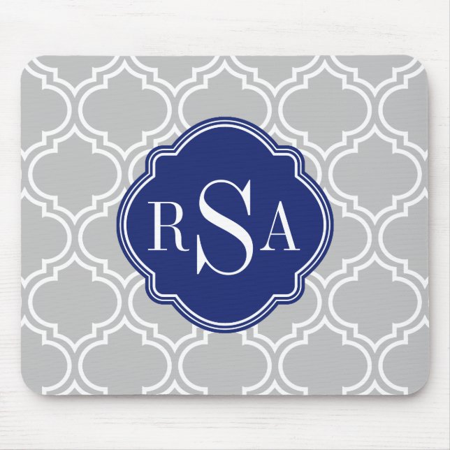 Grey Tile Lattice Pattern Blue Monogram Mouse Pad (Front)